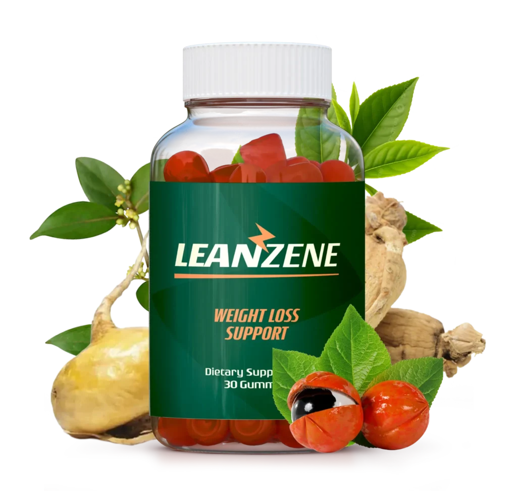Leanzene dietary supplement gummies bottle with natural ingredient display