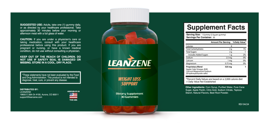 Leanzene supplement facts label with suggested use and ingredient information