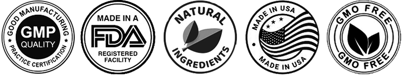 Leanzene quality icons showing GMP, FDA registered facility, natural ingredients, made in USA, and GMO free seals
