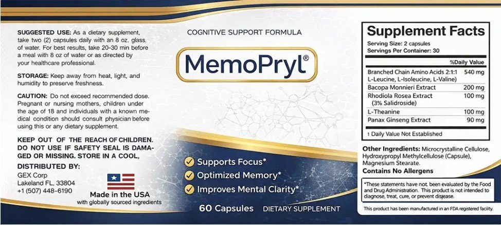 MemoPryl supplement label with natural ingredients