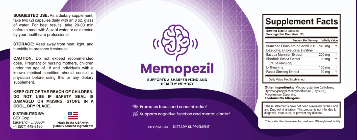 MemoPezil supplement label with natural ingredients