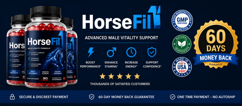HorseFil Advanced Male Vitality Support order banner showing two supplement bottles with five star rating, thousands of satisfied customers, GMP certified badge, 60-day money back guarantee gold seal, made in USA badge, secure and discreet payment, one time payment no autoship – boost performance enhance stamina increase energy support confidence