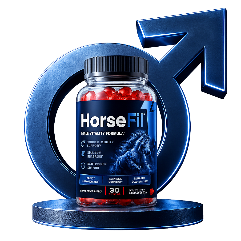 Single bottle of HorseFil Male Vitality Formula strawberry gummies placed on a blue metallic pedestal in front of a large glowing 3D male symbol – 30 gummies dietary supplement for men's vitality performance and stamina support