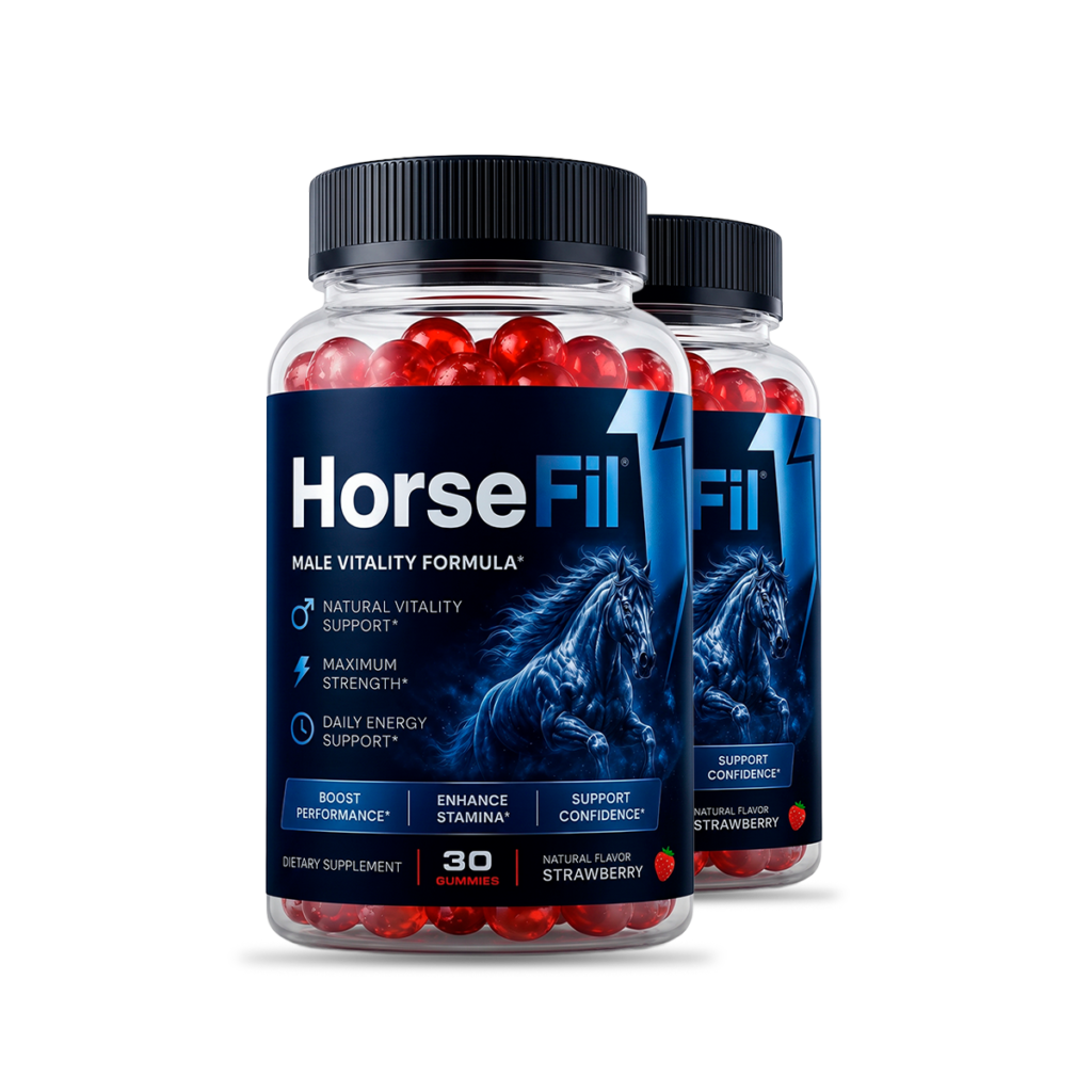 Two bottles of HorseFil Male Vitality Formula strawberry gummies with navy blue label featuring glowing horse – boost performance enhance stamina support confidence – 30 gummies per bottle – men's dietary supplement