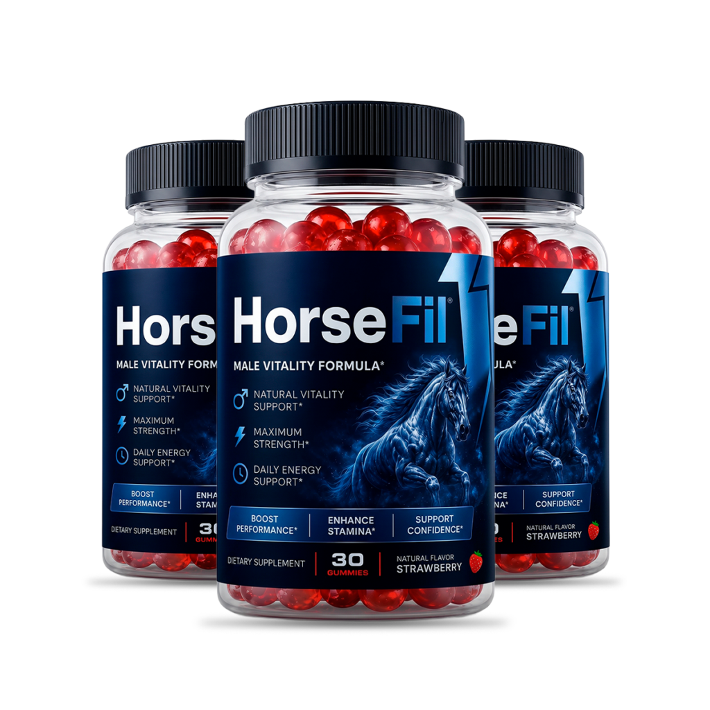 Three bottles of HorseFil Male Vitality Formula strawberry gummies with dark navy blue label featuring glowing horse illustration – natural vitality support, maximum strength and daily energy support – 30 gummies per bottle – dietary supplement