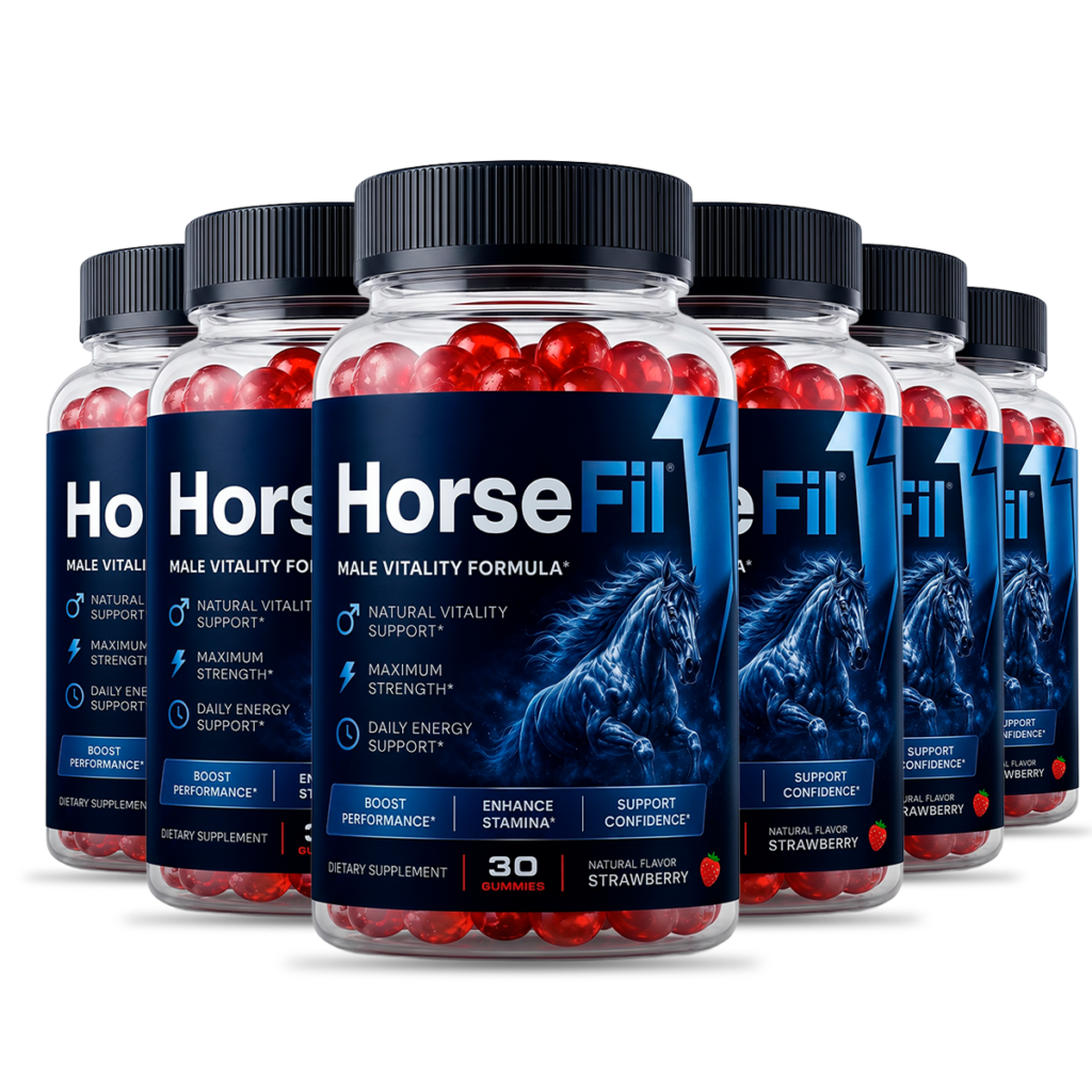 Six bottles of HorseFil Male Vitality Formula strawberry gummies arranged in two rows with dark navy blue label and glowing horse graphic – natural vitality support maximum strength daily energy support – 30 gummies per bottle – best value men's dietary supplement