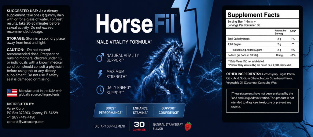 HorseFil Male Vitality Formula supplement facts label showing serving size 2 gummies 15 servings per container – other ingredients glucose syrup sugar pectin citric acid natural flavor sodium citrate coconut oil carnauba wax – manufactured in the USA – distributed by Vare Cosmetics LLP Ogden Utah